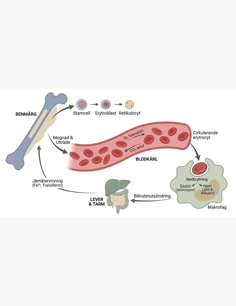 Illustration av erytrocytens produktion, cirkulation och nedbrytning