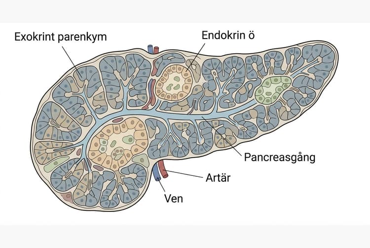 Histologiskt tvärsnitt genom pankreas med endokrina öar i exokrint parenkym