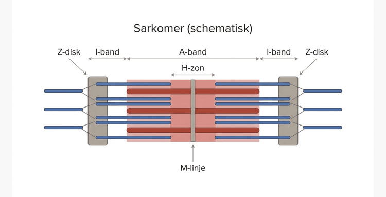 Schematisk sarkomer med tunna och tjocka filament, Z-diskar, A-band, I-band, H-zon och M-linje.