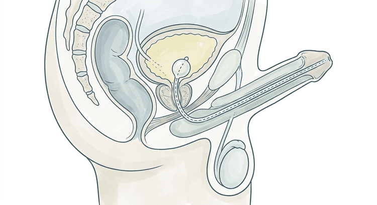 Sagittalsnitt genom manligt bäcken med kateterns väg genom penisuretra, bulbära uretra och prostata in i urinblåsan