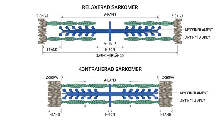 Jämförelse mellan relaxerad och kontraherad sarkomer med förändrad filamentöverlappning.