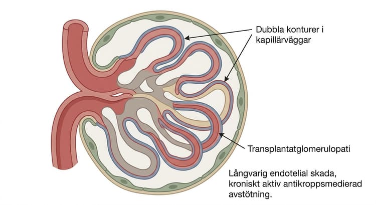 PAS-färgad njurbiopsi med transplantatglomerulopati och dubbla konturer i glomerulära kapillärväggar.